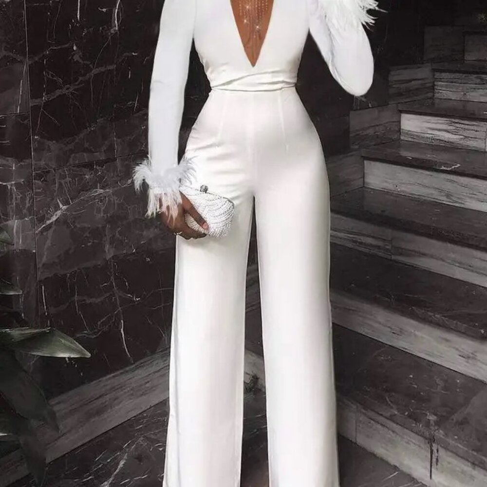 Studded Mesh Insert Vneck Fuzzy Detail Jumpsuit